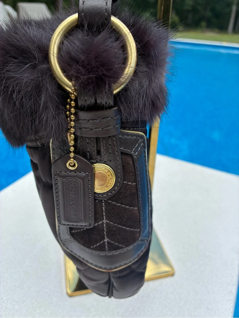 Coach G05K-3586 Ski Bunny Hobo Bag 2005 Dark Brown Quilted Rabbit Fur Y2K